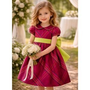 Lilly Pulitzer Girls Size 5 | 100% Silk Plaid Dress | Raspberry & Lime Green